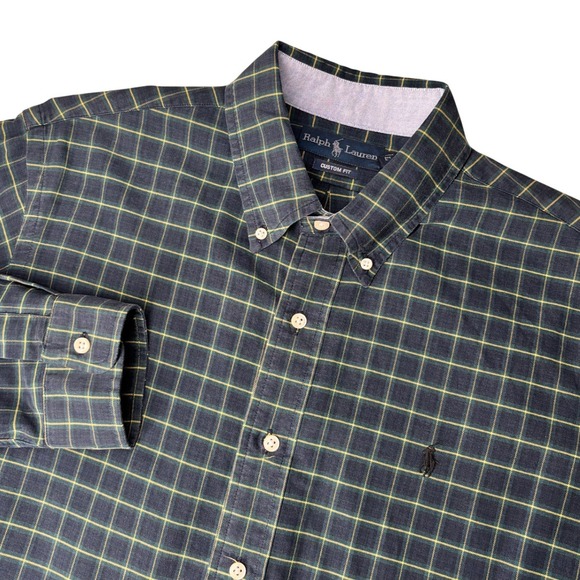 Polo Ralph Lauren Other - Ralph Lauren‎ Button Down Shirt Mens L Navy Blue Yellow Grid Custom Fit Plaid